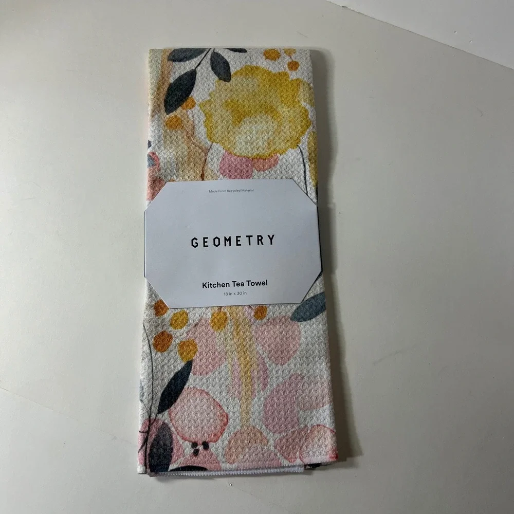 Geometry Kitchen Tea Towels Floral Design Pink Yellow NWT #A